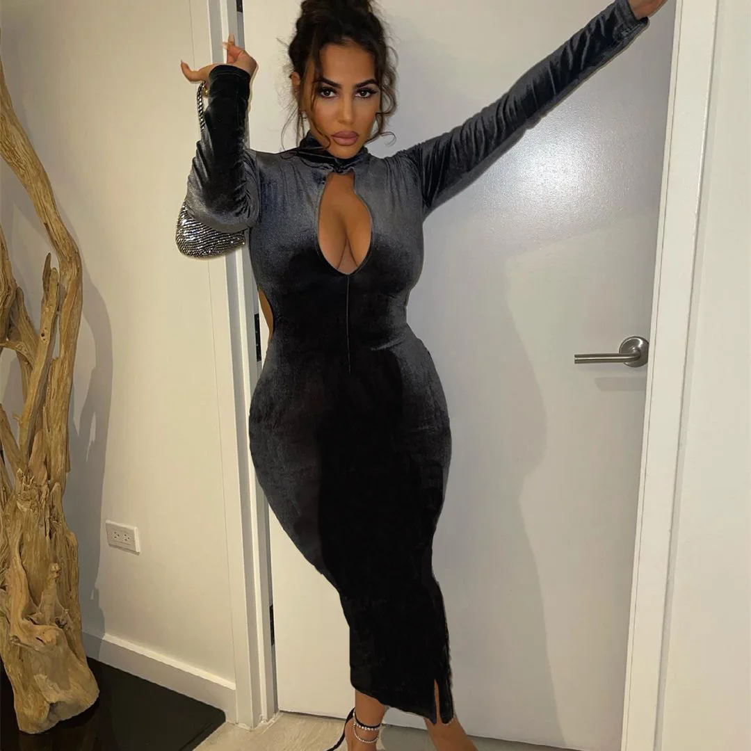 

Autumn Gold Velvet Dress Women Long Sleeve Nevy Hollow out Long Bodycon Mermaid Dress Sexy Party Costume Woman Night Dresses