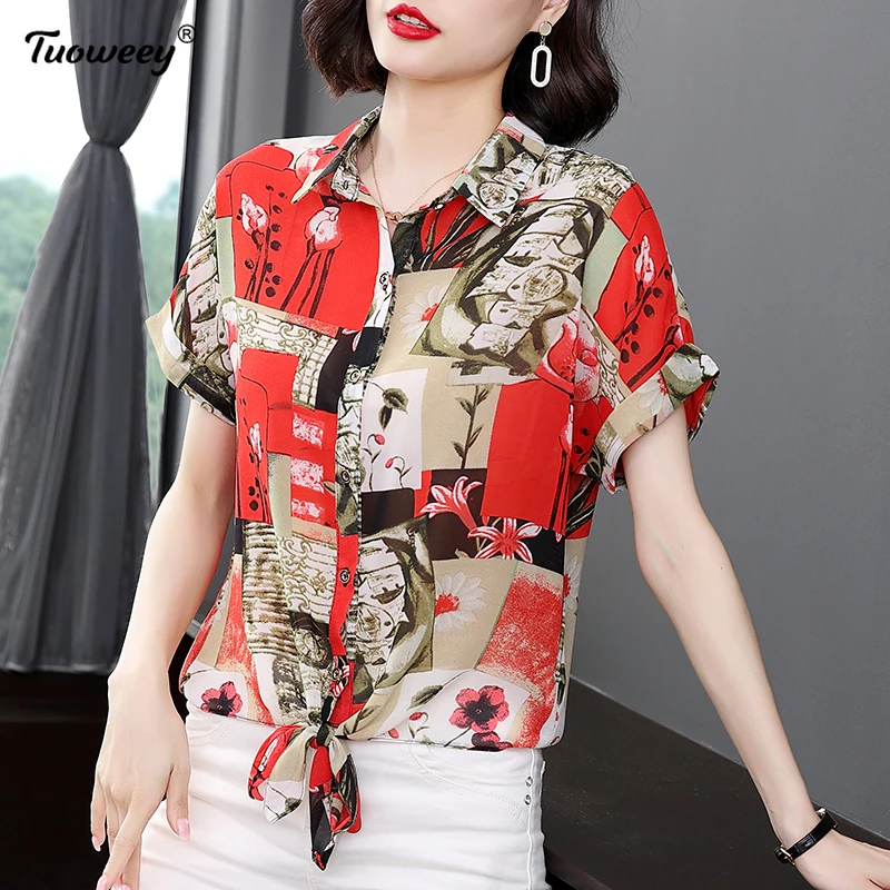 

4XL Летняя шифоновая рубашка с коротким рукавом и цветочным принтом, женская Свободная Повседневная тонкая блузка большого размера с оборка...