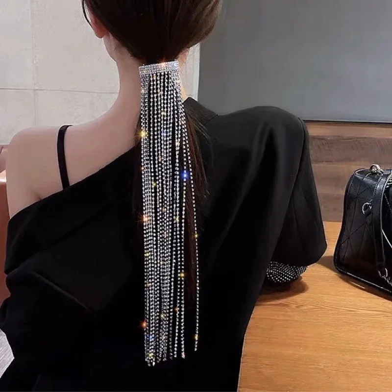 

Unusual Exquisite Glitter Rhinestones Long Chain Hairwear Delicate Party Stylish Gifts Clip Hairpin for Women Girls Jewellery