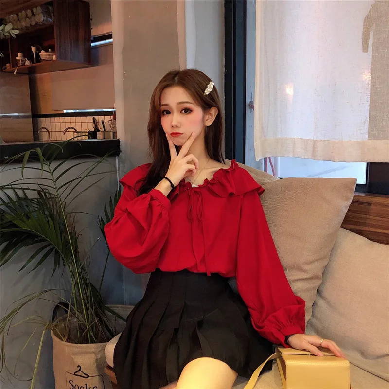 Новые осенние милые женские рубашки с оборками свободная Студенческая блузка