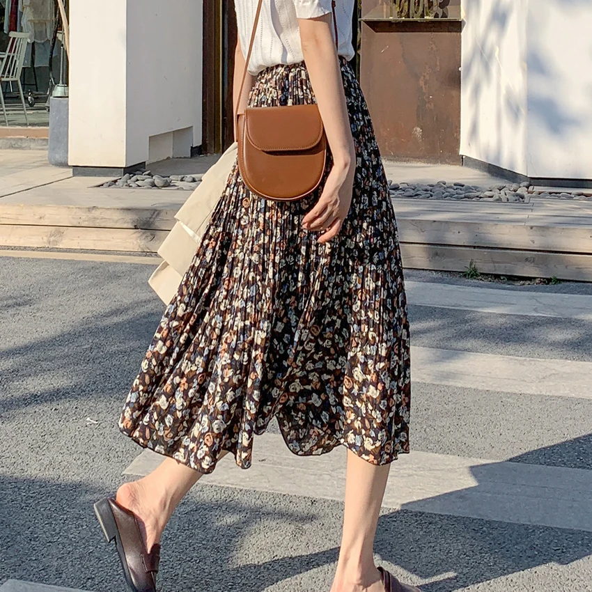 

Ins2021 Early Spring Retro Floral High Waist Skirt Medium Length Pleated Skirt with Chiffon A-line