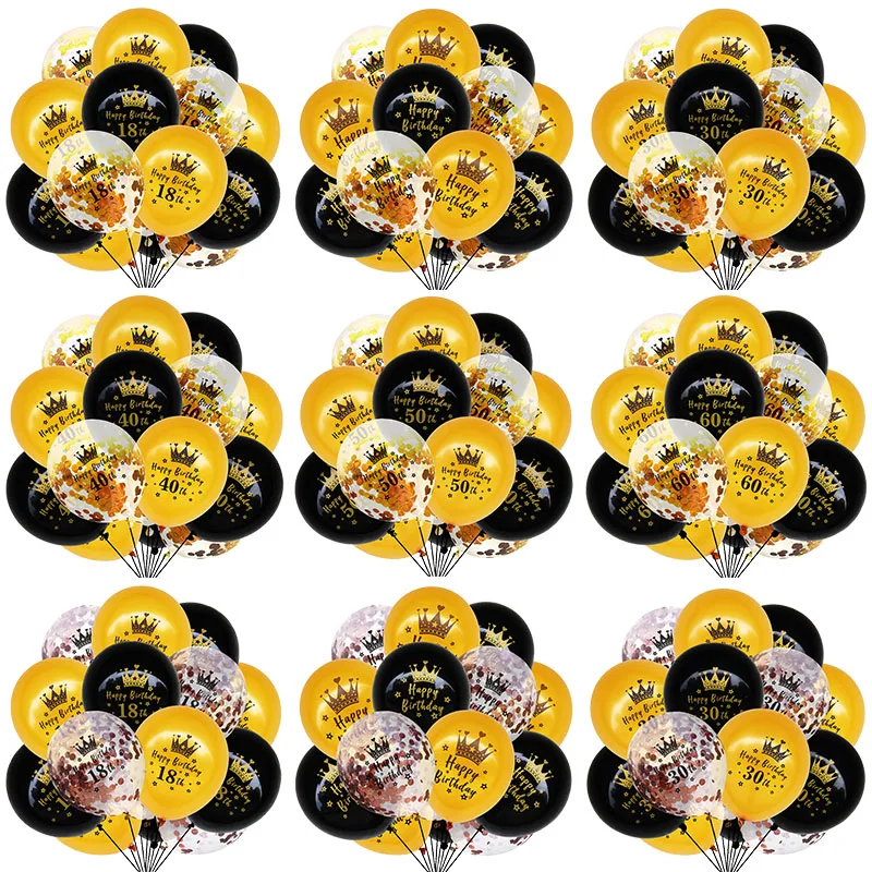 15pcs 12inch Happy Birthday Crown Balloons Latex Confetti 18 30 40 50 60 Years Old Anniversary Birthday Decoration Party Favors