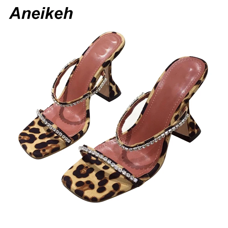 Aneikeh/модные шлепанцы с леопардовым принтом Женские квадратным носком и открытым