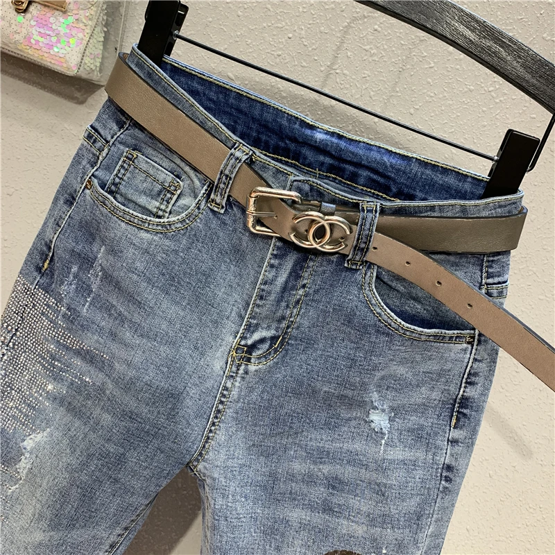 Европейский тренд Джинсы женские новые летние тонкие горячие штампы букв