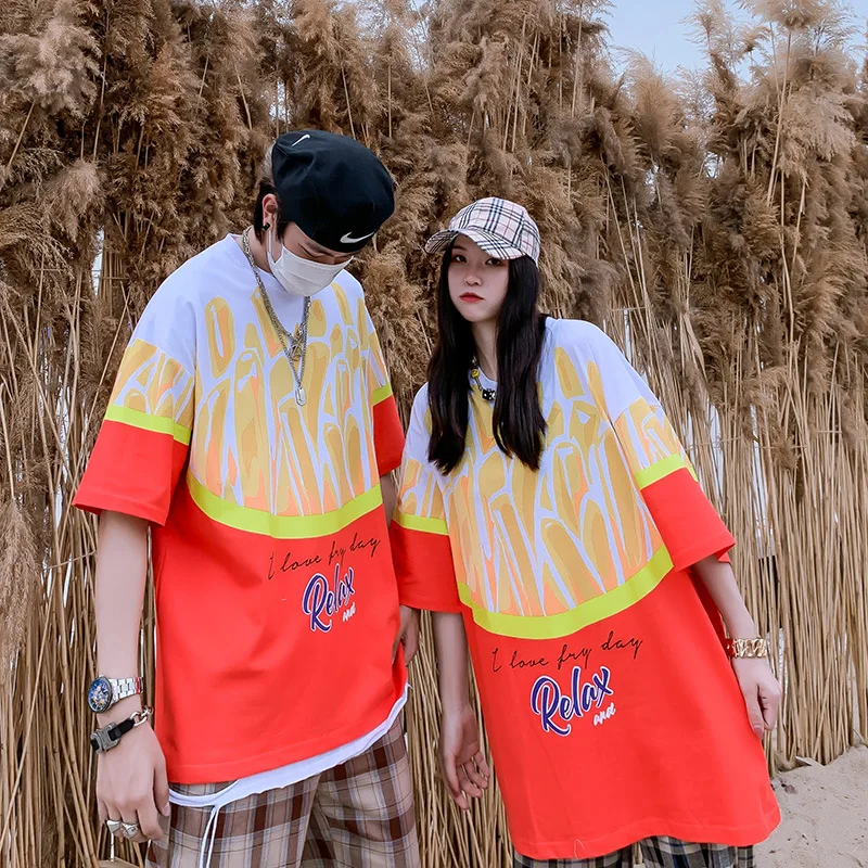 2020 Trendy Design French Fries Print Short Sleeve T-shirt Men Women Summer Couple Hip Hop Street Wear Oversized Top | Мужская одежда