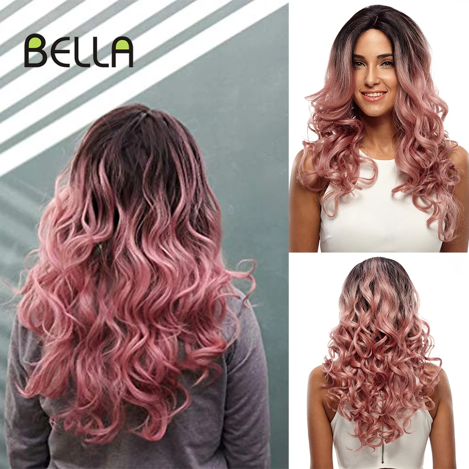 Женский длинный парик Bella Ombre розовый и светлый с длинными волнами синтетический