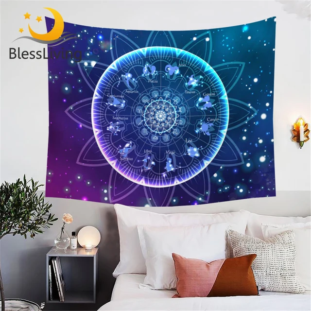 BlessLiving Zodiac Tapestry Lotus Mandala Wall Hanging Purple Blue Floral Decorative Wall Carpet Constellation Galaxy Sheets 1