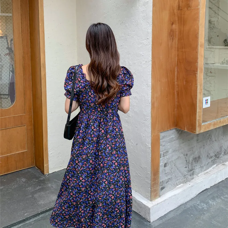 Женское платье с коротким рукавом Hzirip длинное квадратным вырезом и цветочным