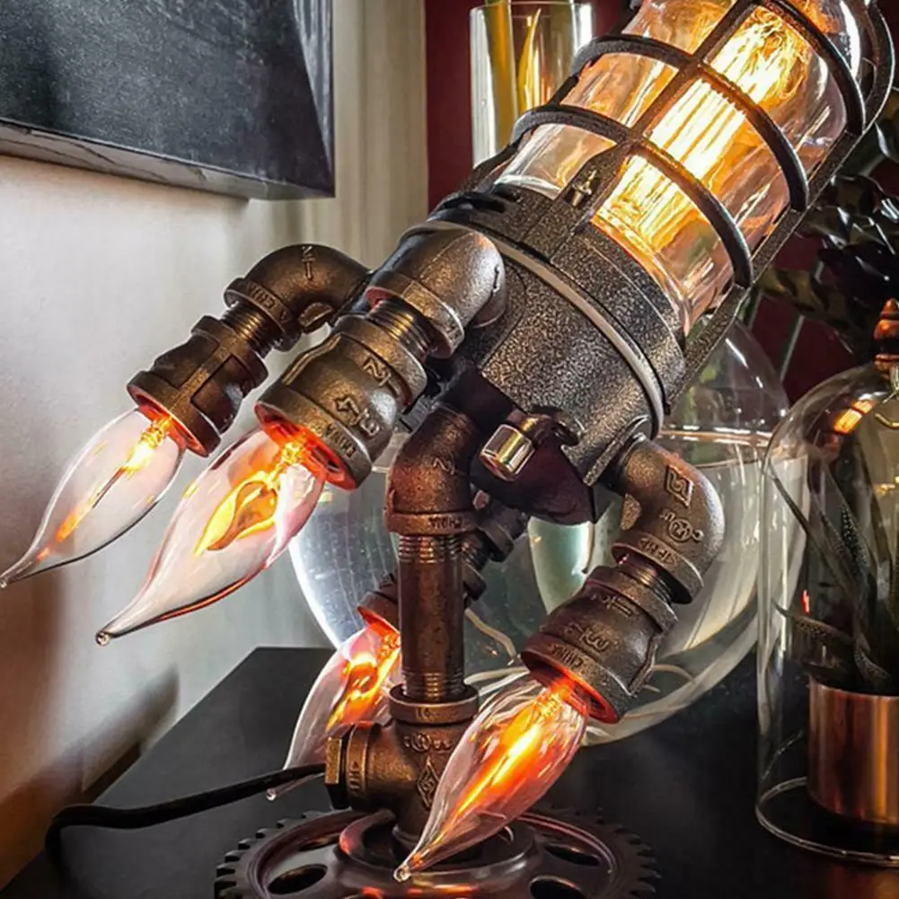 

US/UK/EU/AU Plug Steampunk Rocket Lamp Punk Style Lights Metal Desktop Decor Ornaments Wall Decoration Light Led Light Lamp