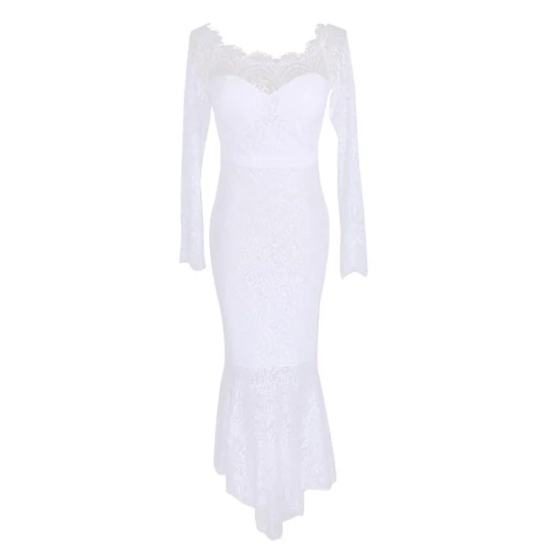 

2020 Fall Winter Sexy Lace Mermaid Dress Women White Slash Neck Bandage Elegant Ladies Slim Trumpet Dresses Plus Size Vestidos