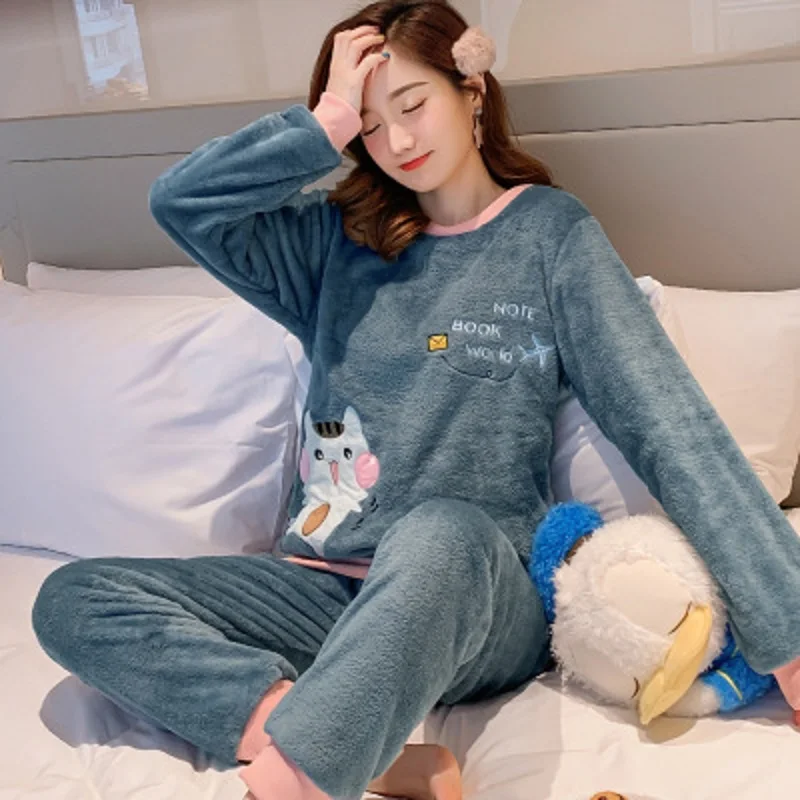 2022 Winter Pajama Women Korean Sleepwear Cute Cartoon Flannel Pajamas Set Velvet Warm Pijama Round Neck Pyjama Homewear Women