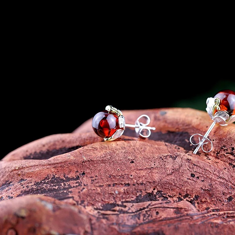 

Real Sterling Silver 925 Earrings Natural Stone Red Garnet Geometric Stud Earrings For Women Fashion Trendy Jewelry