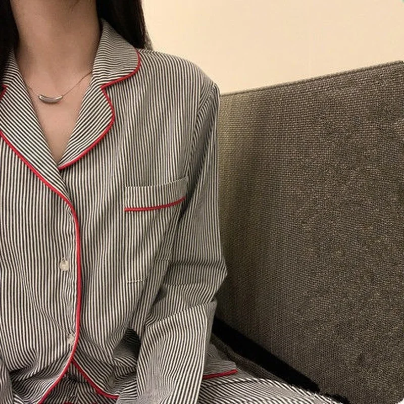 QWEEK Striped Women's Pajamas Autumn Female Set Woman 2 Pieces Sleepwear Long Sleeve Nightwear Brief Pijama Loungwear Home Suit
