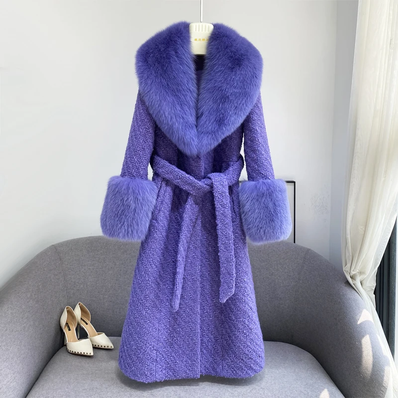 TOP Quality 2022 Winter New Fashion Female Trend Luxurious Fox Parka Women's Large Real Fur Long Tweed Wool Coat Outerwear