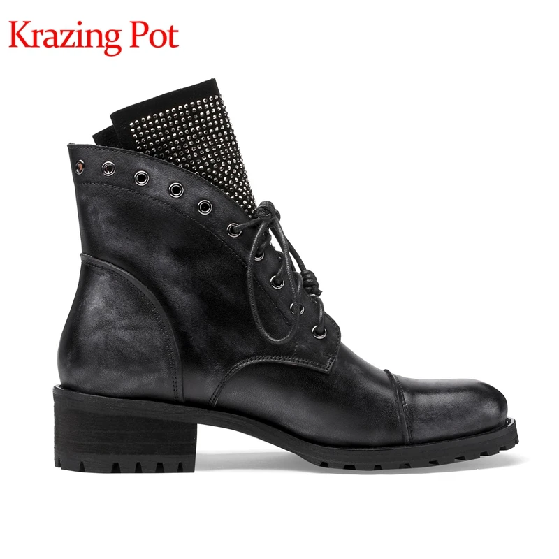 Krazing pot/ботильоны из натуральной кожи с круглым носком, на шнуровке, на толстом среднем каблуке, со звездным бриллиантом, в винтажном стиле, с заклепками, в байкерском стиле, l52