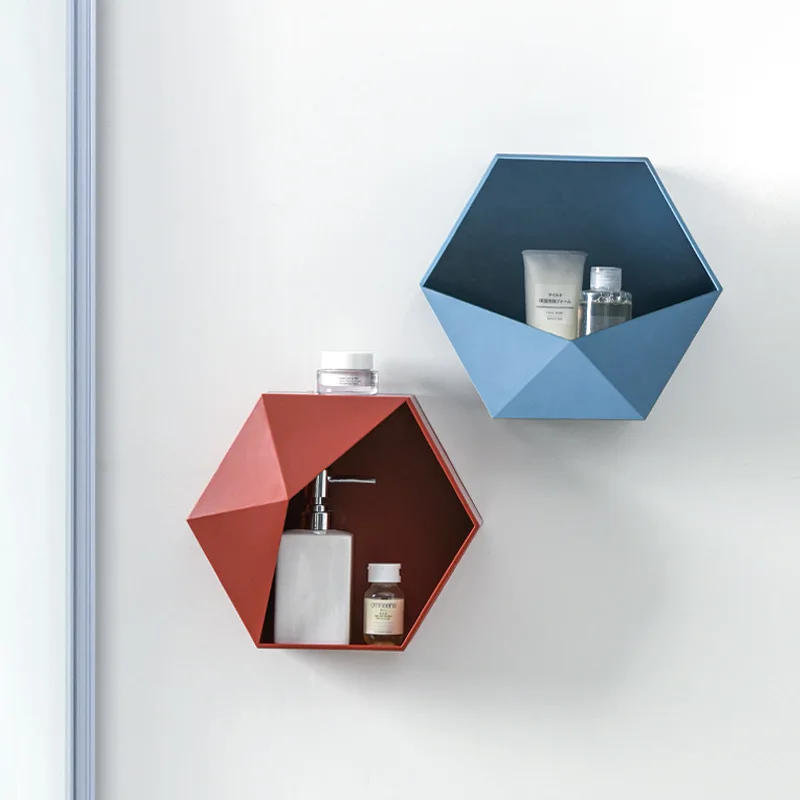 

Wall Mounted Floating Shelves Geometric Hexagonal Creative Storage Rack Modern Adhesive Organizer Punch-Free Wall Decor L66