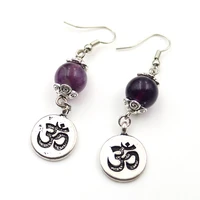 aum 3d symbol drop earrings antique silver plated natural round bead stones long dangle earring