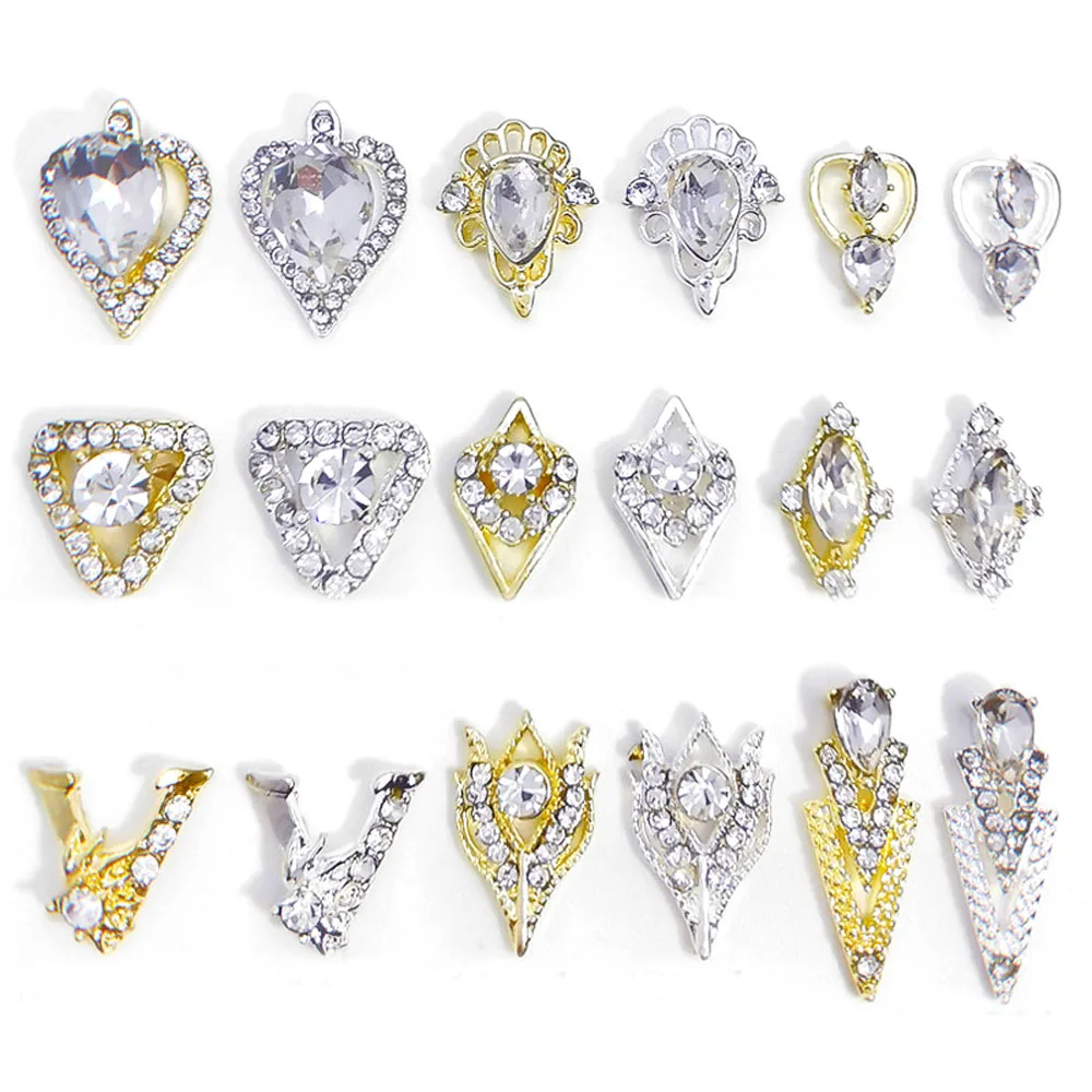 10Pcs/lot 3D Nail Art Jewelry Charms Heart/V Shape/Triangle/Rhombus Design Decorations Gold/Silver Alloy Crystal Nail Rhinestone