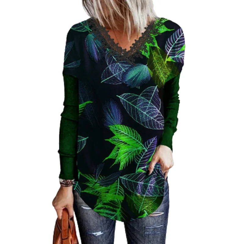 

Женская блузка с V-образным вырезом, элегантная повседневная блузка с принтом листьев, осень-весна 2021