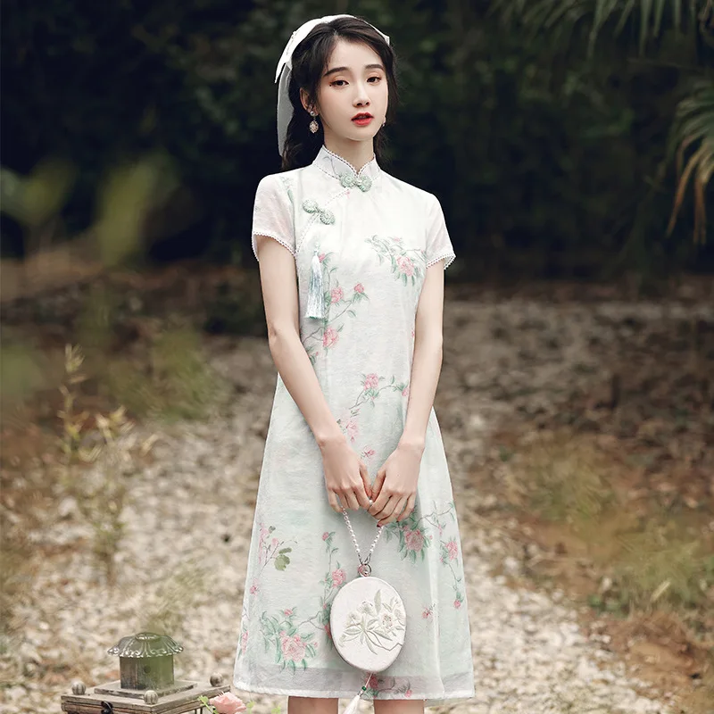 

Cheongsam Qipao Dress Casual 2021 Spring and Summer Chinese Cheongsam Dress Girls Retro Qipao Heavenly Silk Dresses for Women