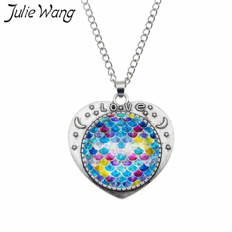 Julie Wang 25mm Glass Mermaid Fish Scale Necklace Women Heart Cabochon Setting Pendant Collar Chain Bohemian Fashion Jewelry | Украшения и