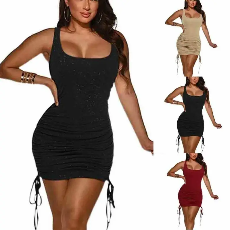 

Womens Sexy Sling Square Neck Short Bodycon Dress Drawstring Solid Color Party