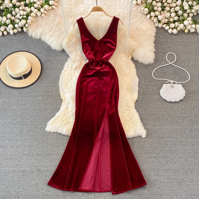 

Женское бархатное вечернее длинное платье-русалка, элегантное платье макси с V-образным вырезом и высоким разрезом, без рукавов, Осень-зима ...
