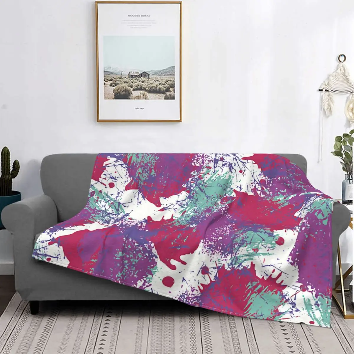 

Плед в клетку с граффити, портативное теплое одеяло в современном стиле, с цветным рисунком, кораллового флиса, домашнее покрывало