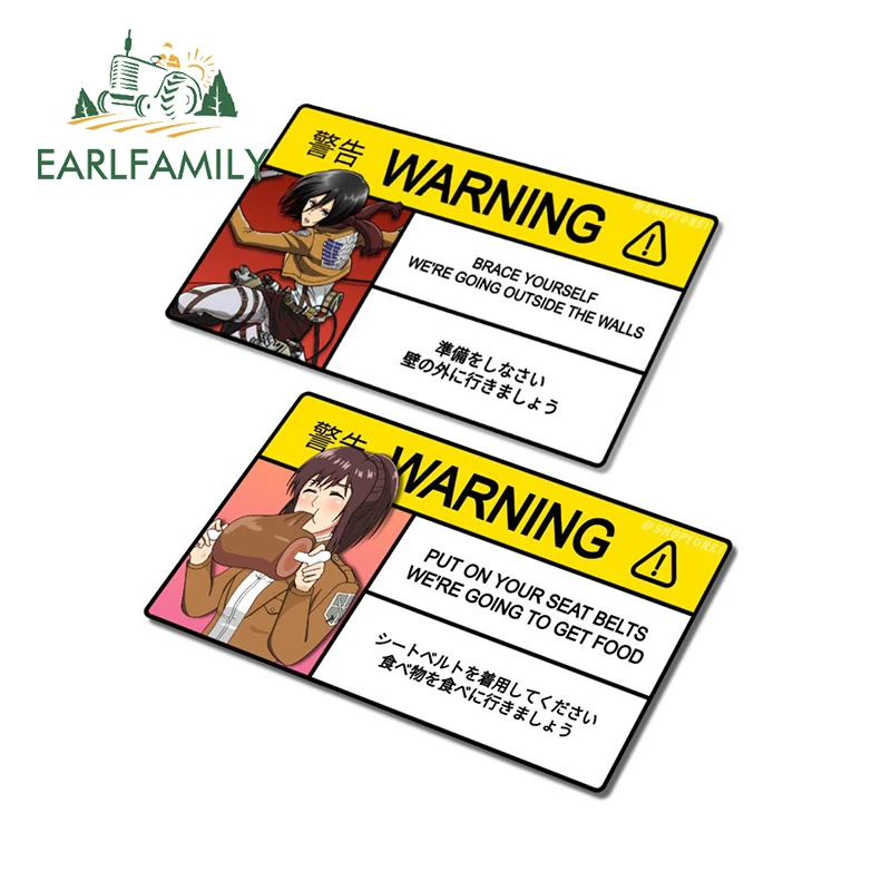 

EARLFAMILY 13cm x 6.6cm Cartoon Anime Attack on Titan Car Sticker for Mikasa Ackerman Warning Decal Vinyl JDM Window Stickers
