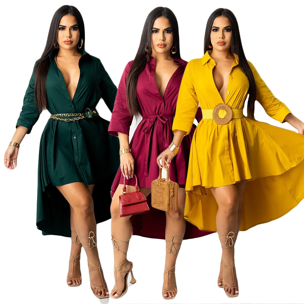 

Casual Women Dress Turn Down Collar Pleated Dress Solid Color Full Sleeve Autumn Dresses For Women Outfit