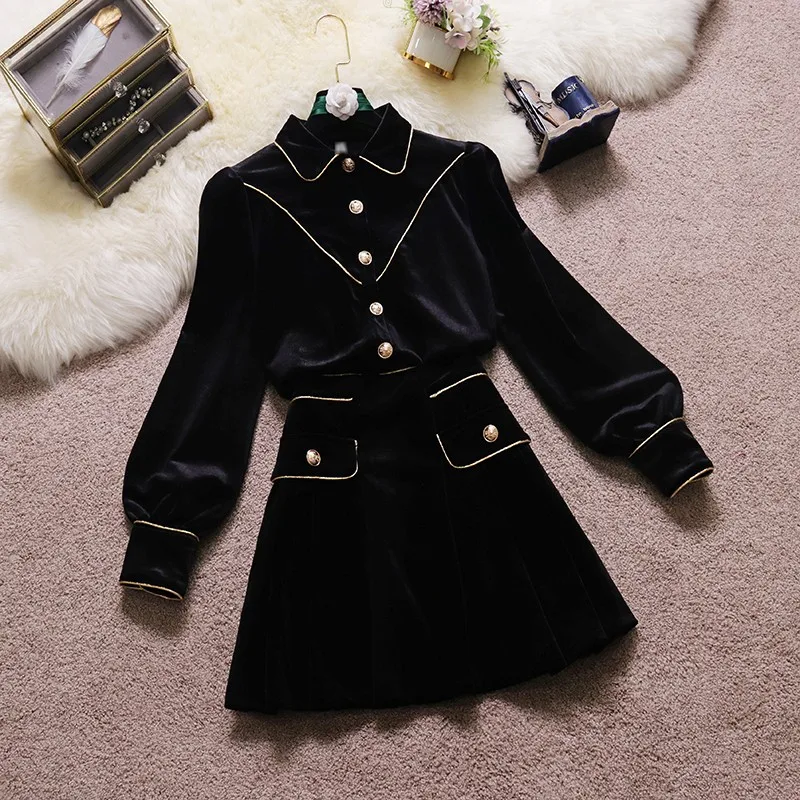 Autumn Winter New Women Golden Velvet Shorts Suits Ladies Two Piece Set Single-Breasted Shirts And High Waist Skirt Female Suits