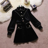 autumn winter new women golden velvet shorts suits ladies two piece set single breasted shirts and high waist skirt female suits