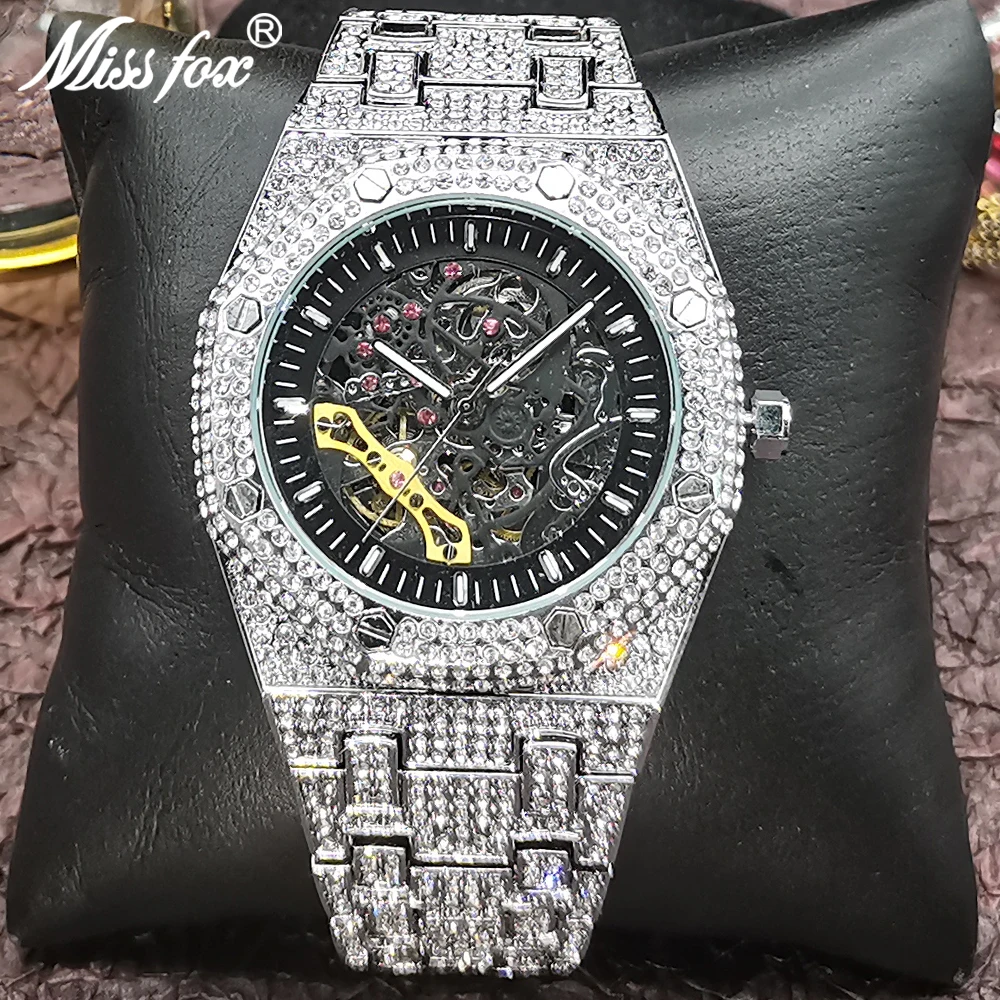 

MISSFOX Hollow Movement Silver Wristwatch Man Luxury Iced Out Hip Hop Men's Mechanical Watch Fashion Business Watches Gentleman