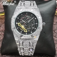 missfox hollow movement silver wristwatch man luxury iced out hip hop mens mechanical watch fashion business watches gentleman