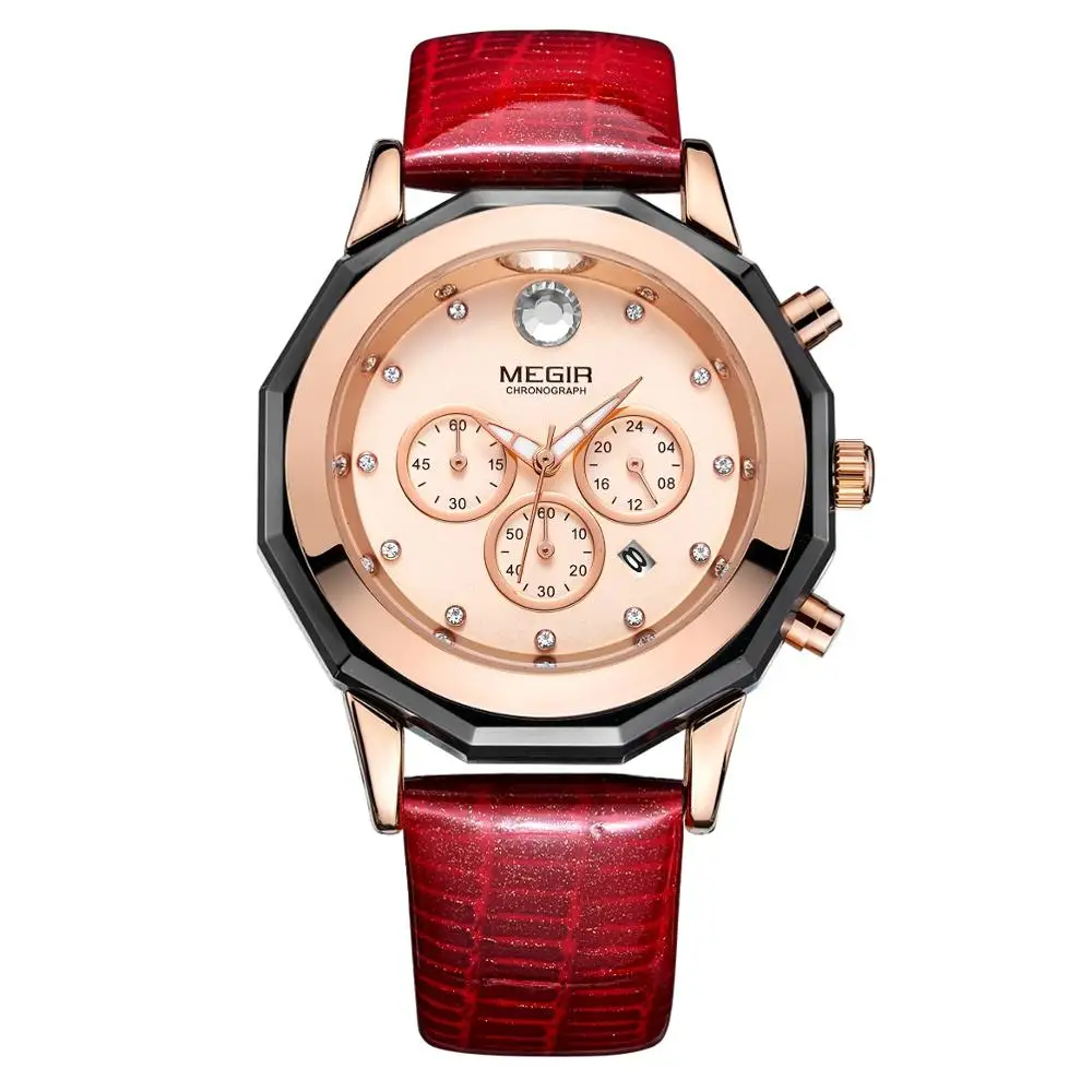 Женские кварцевые часы с хронографом Megir, красные водонепроницаемые наручные часы с ремешком из натуральной кожи, 2042 от AliExpress WW