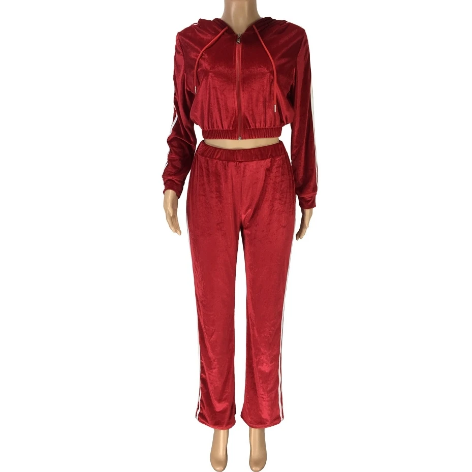 

Winter Velvet Tops Jacket And Pants Tracksuit Joggers Two Piece Set Outfit Side Stripe Pants Suit Solid Color Clothes For Women