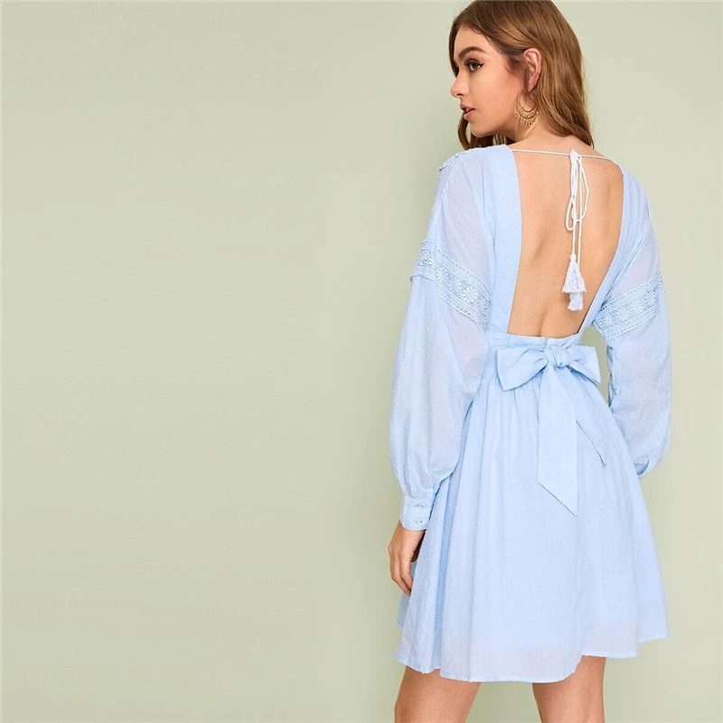 SHEIN Жаккардовое Платье С V-Образным Глубоким Вырезом И Кружевом Женское Весеннее Богемное Платье С Длинными Рукавами