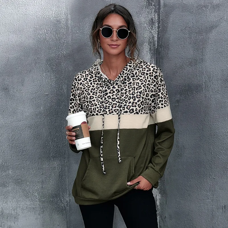 

Women'S Loose Top Long Sleeve Fashion Leopard Print Stitching Hooded Top Green