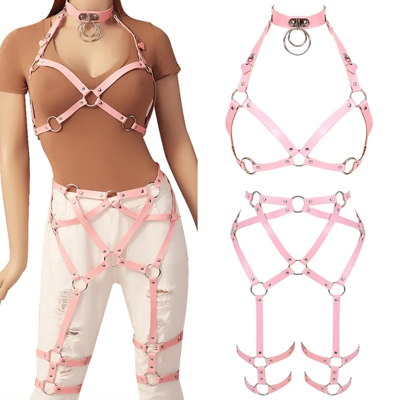 

Punk Rock Leather Harness Women Sexy Cage Belts Lingerie Underwear 2 Piece Set Garter Faux Leather Suspenders Body Bondage Strap