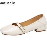 autuspin womens autumn shoes fashion genuine cow leather buckle pumps office lady casual thick heels dress prom shoes handmade