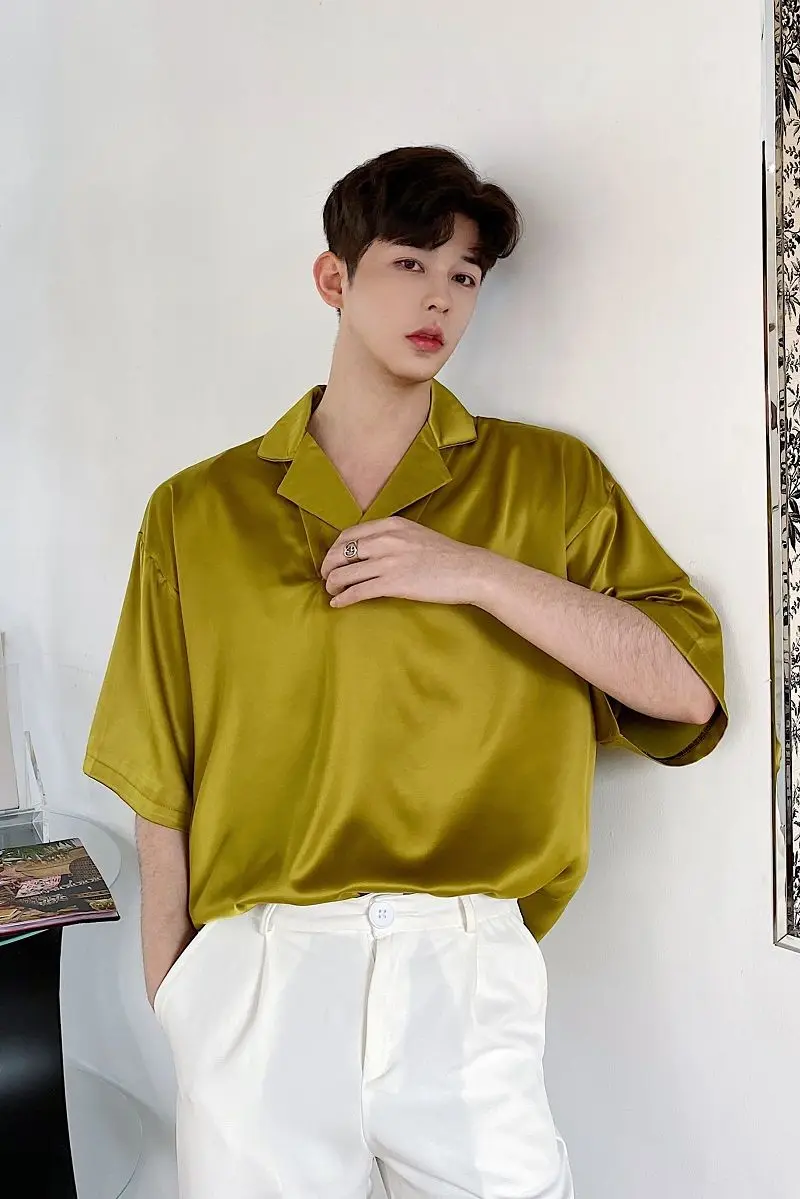 

IEFB /men's wear Personalized fashion satin loose comfortable pullover shirt short sleeve korean tide tops male summer new Y2573