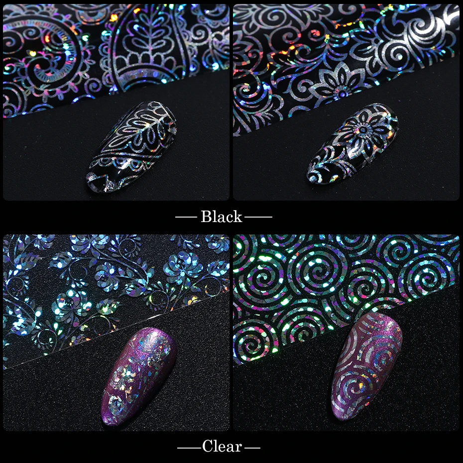 10pc Holographic Foils Nail Transfer Wraps Lace Flower Snowflake Clear Black Adhesive Sticker Set Nail Foil Gradient Tips CH1040