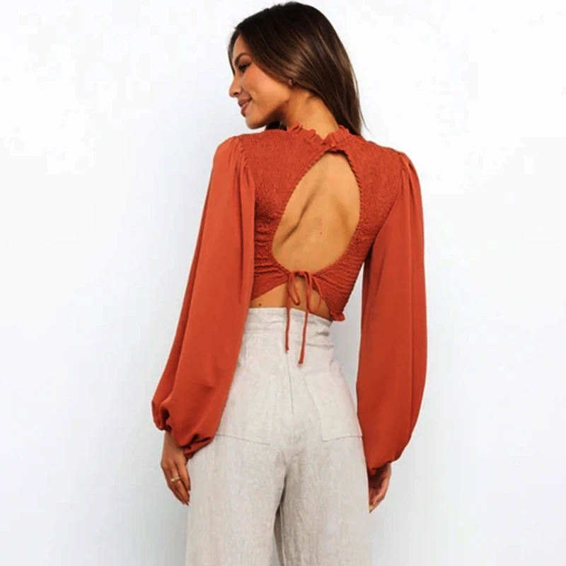 

Brown Puff Sleeve O Neck Long Sleeve Women Tshirt Ruffle Pleated Bacekless Sexy Lace Up Female Tops Summer Autumn Tops 2021