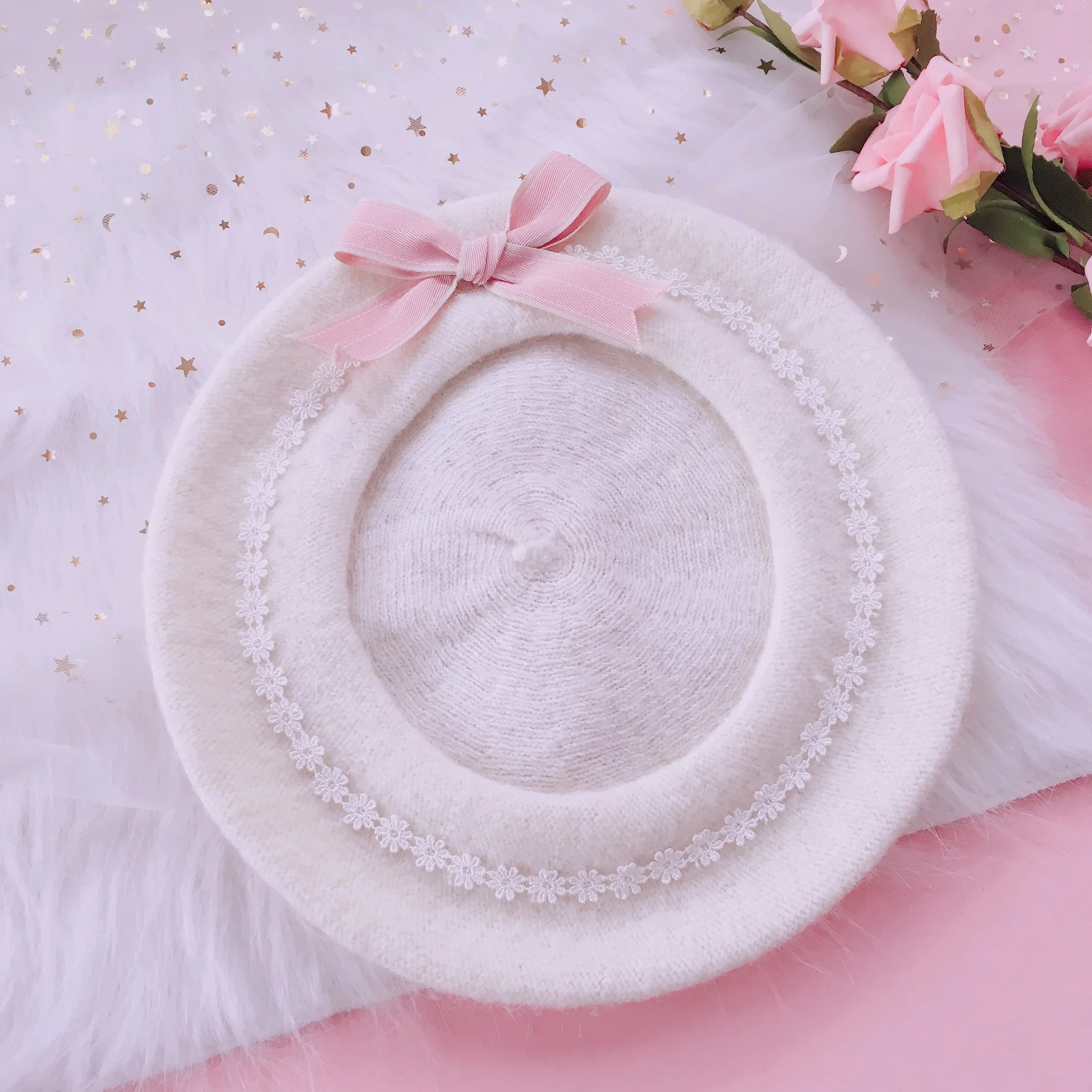 Powder bow Японский берет в стиле Лолиты для девочек; милый шерстяной Женский мягкий берет с бантом и ромашками - Цвет: Powder bow