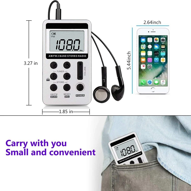 AM FM Portable Pocket Radio Mini Digital Tuning Stereo with Rechargeable Battery and Earphone for Walk/Jogging/Gym/Camping (Sil |