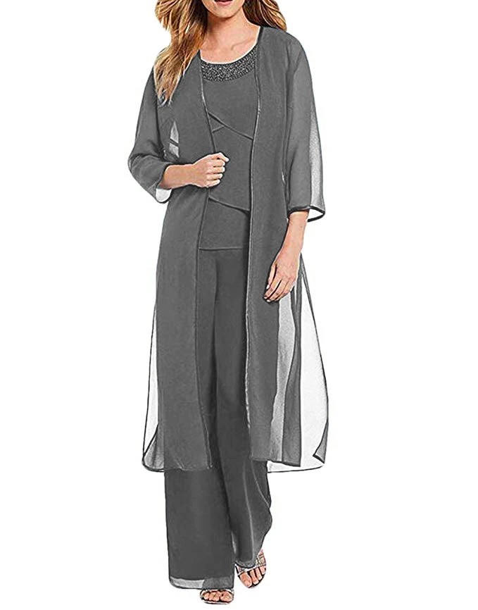grey Женский комплект из 3 предметов, шифоновое платье для матери невесты, брюки, костюм с курткой, наряд с рукавами 3/4 для свадьбы - Цвет: grey