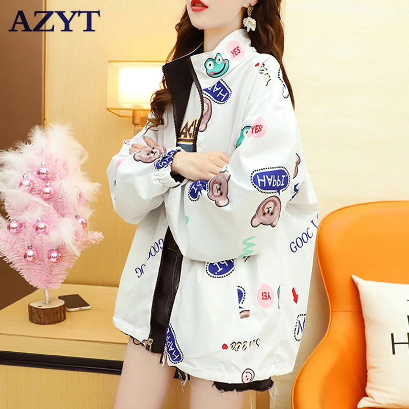 

AZYT Autumn New Double Sided Outwear Jacket Female 2021 Cute Cartoon Print Casual Basic Coat Women Korean Loose Women's Jacket