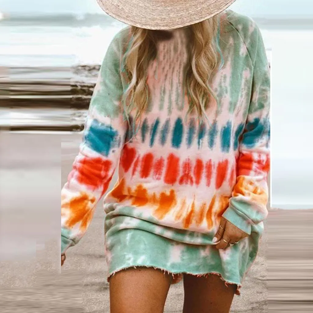 

Women's Tie-dye Sweatshirts Dress Casual plus size cotton Linen Dresses Oversized Long Sleeve Crewneck Loose Casual Dress