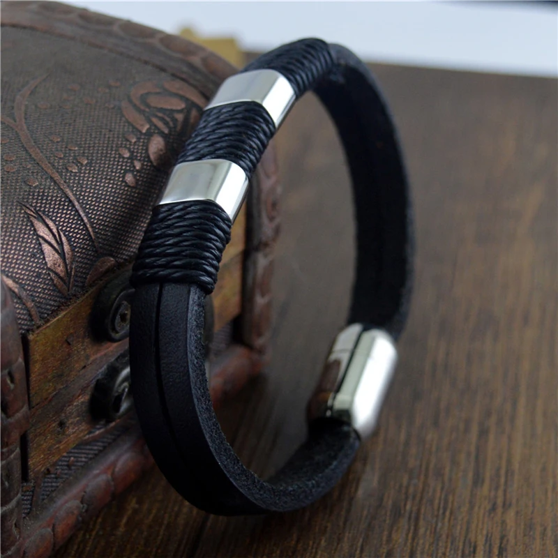 

Simple 316l Stainless Steel Men Bracelets With Magnetic Buckles Fashion Black Leather Bracelet for Women Wrist Jewelry Gifts