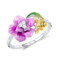 trendy gorgeous enamel petal flower bee garden silver plated wedding engagement rings for women temperament wide vintage jewelry